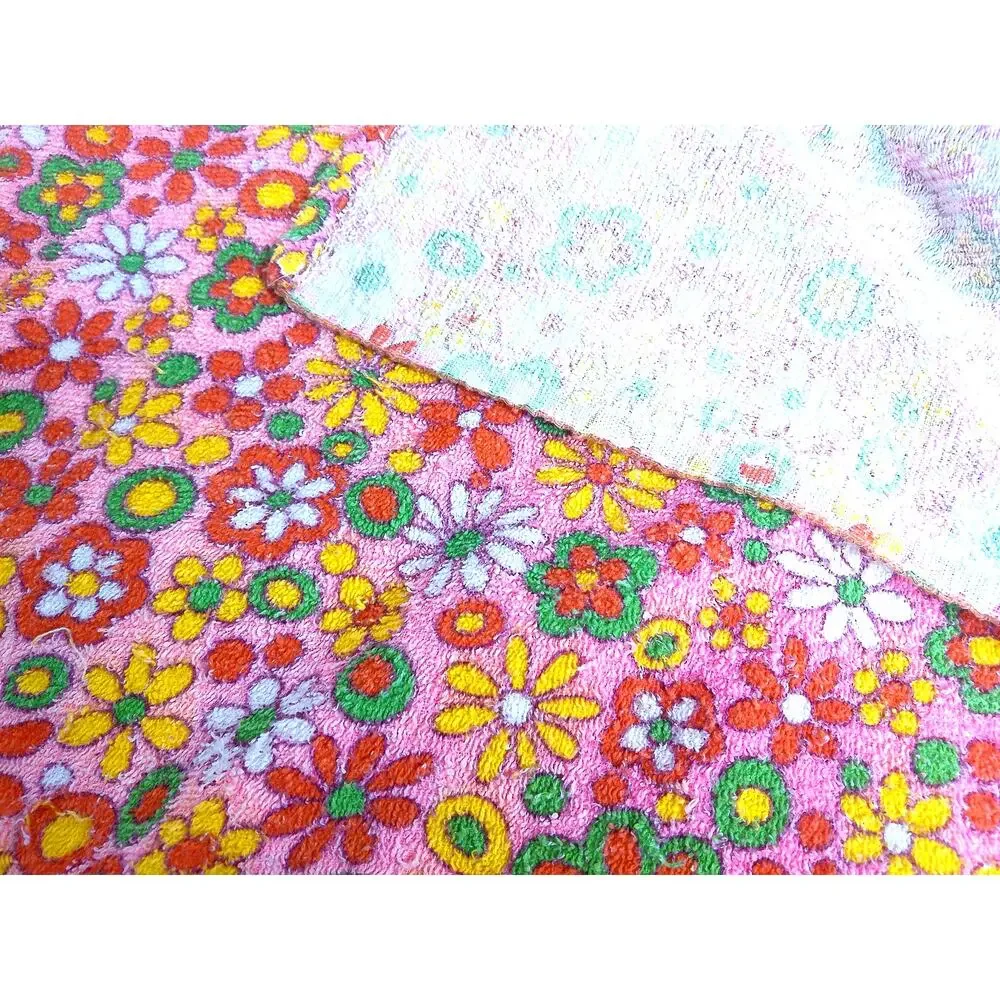 Vtg 70s Terry Cloth Fabric Pink Yellow Psychedelic Flower Power 2.5 Yds READ